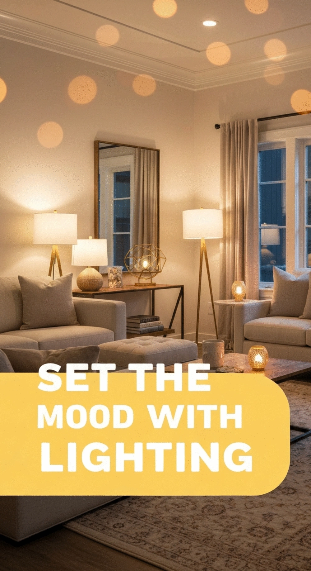 A beautifully lit living room featuring a mix of ambient, task, and accent lighting that creates a cozy atmosphere for entertaining guests.