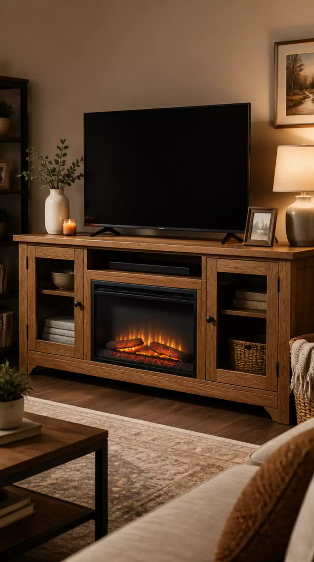 Solid Oak Living Room TV Console That Warms a Compact Space