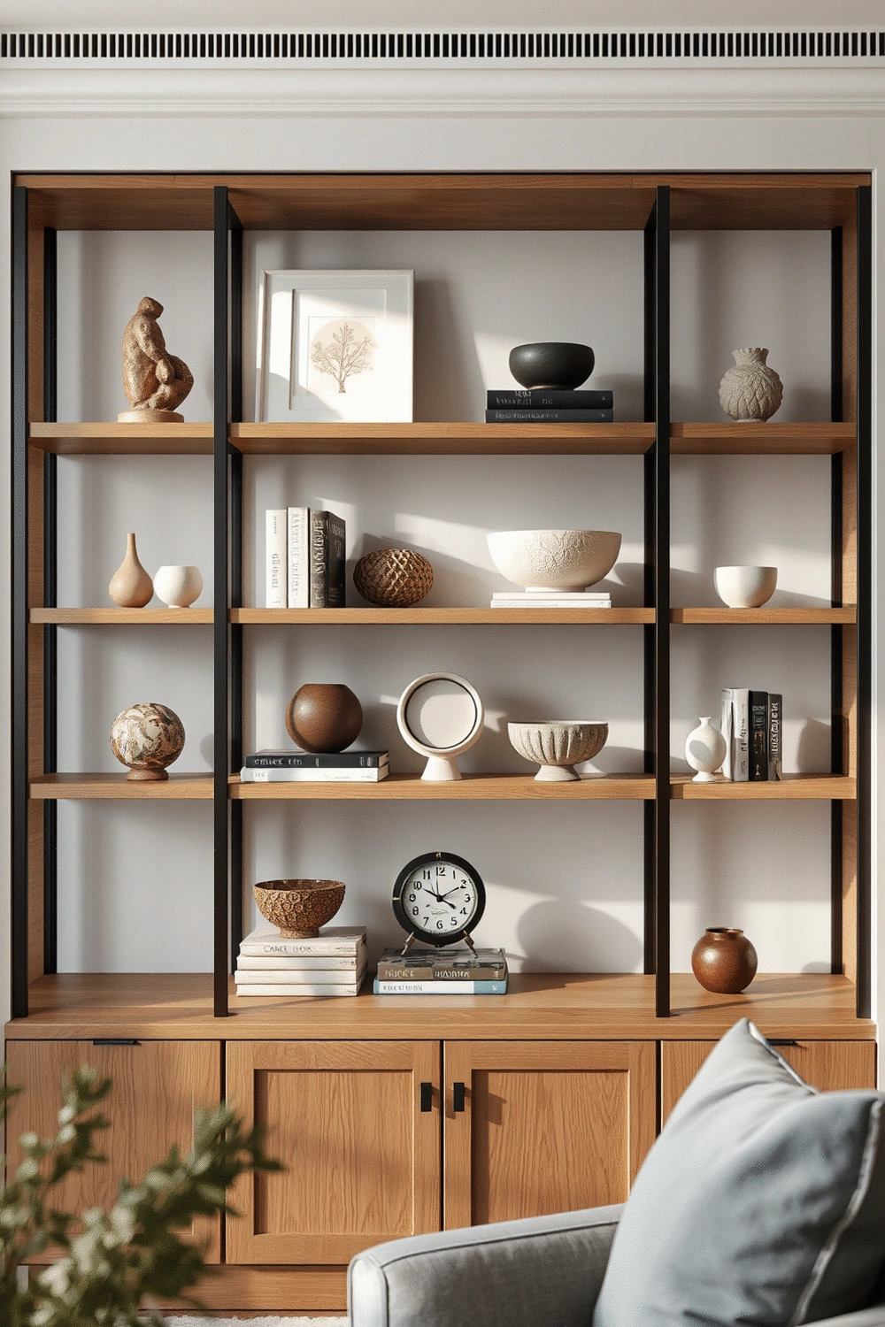 Interior shot of a living room with various decorative objects on a shelf, showing a blend of modern and vintage styles