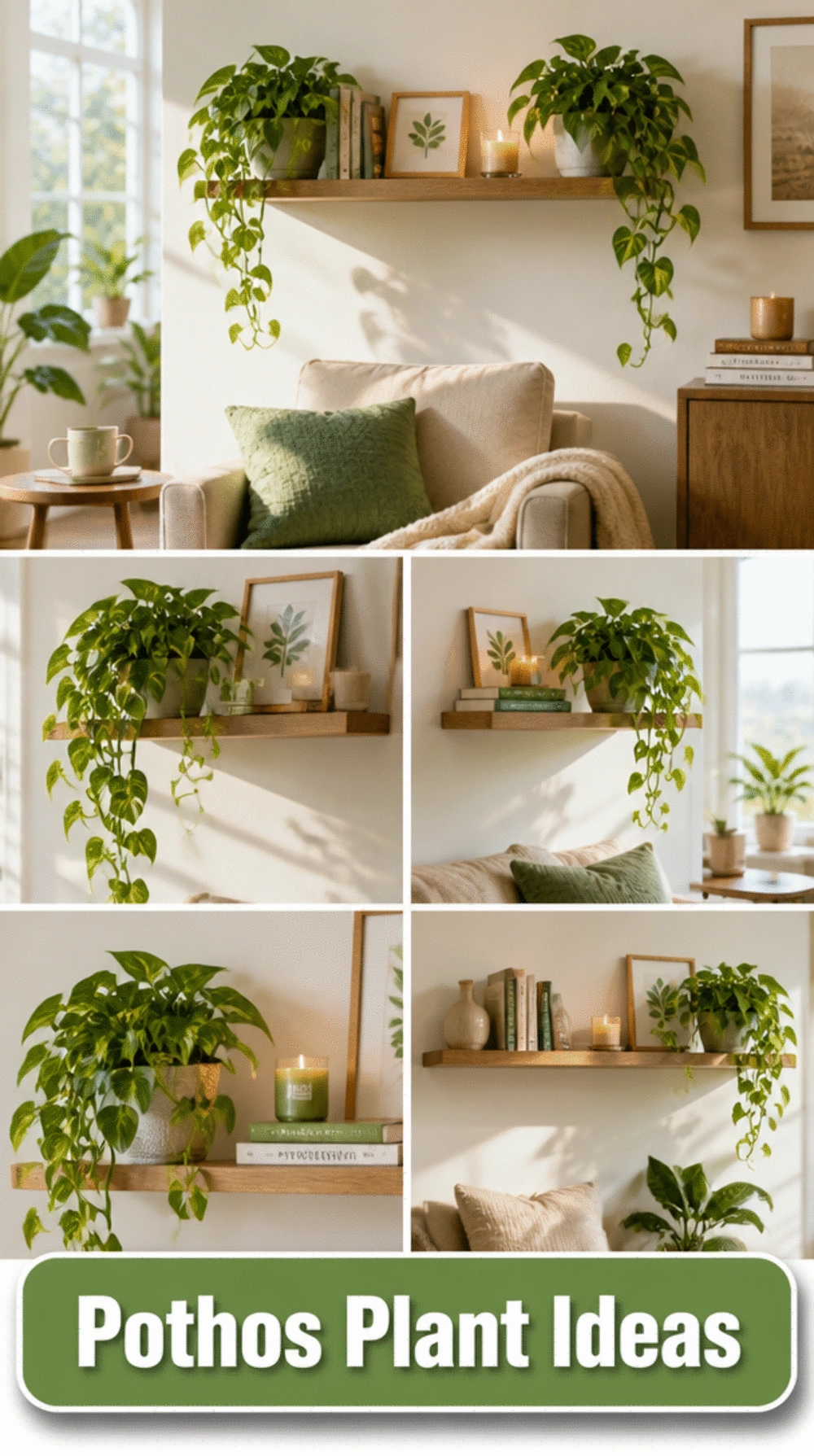 Trailing Pothos Plant on a Living Room Floating Shelf Near a Window