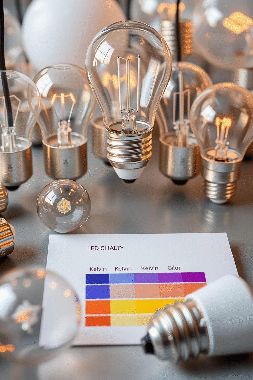 A collection of warm LED light bulbs and a color temperature chart, illustrating different Kelvin ratings and their associated ambient glow.