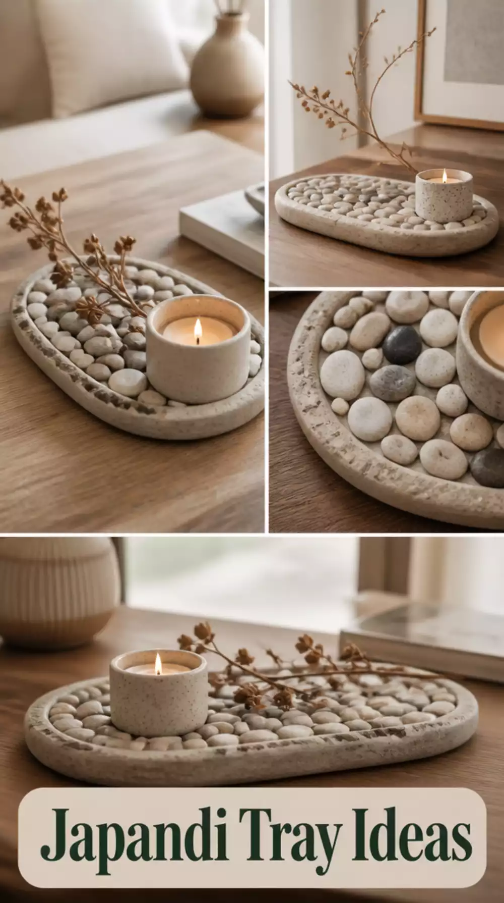 Japandi Living Room Pebble Stone Tray Styled with a Candle and Dried Branch