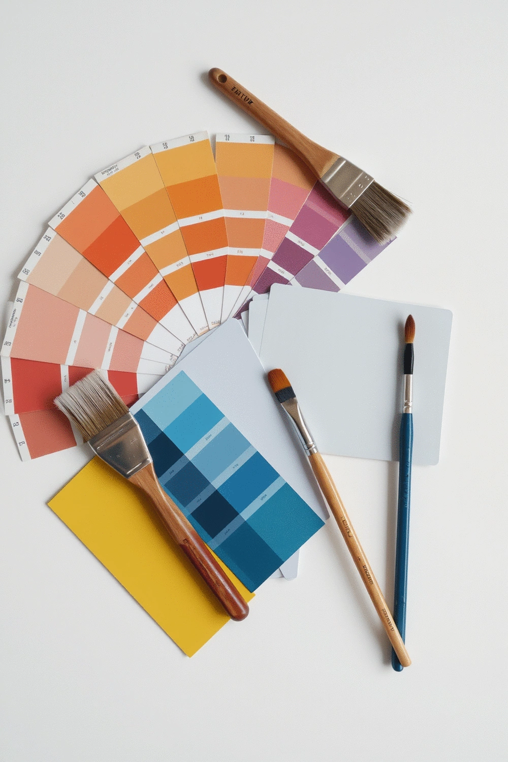 A still-life arrangement of paint swatches in warm and cool tones, paintbrushes, and color palette cards on a clean, light-colored surface, illustrating color scheme creation.