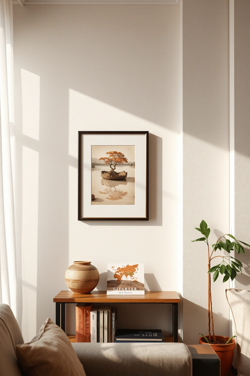 A tastefully decorated living room corner with a personalized touch, featuring a unique art piece and a travel souvenir on a shelf