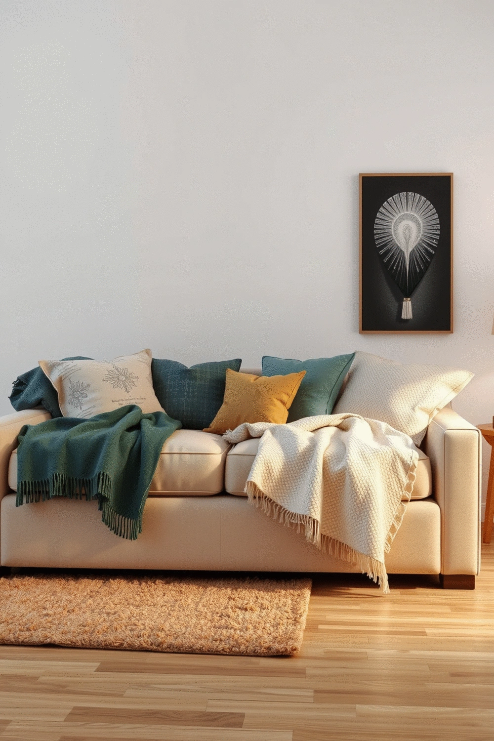 Stylishly arranged throw blankets and decorative pillows on a sofa with soft ambient lighting