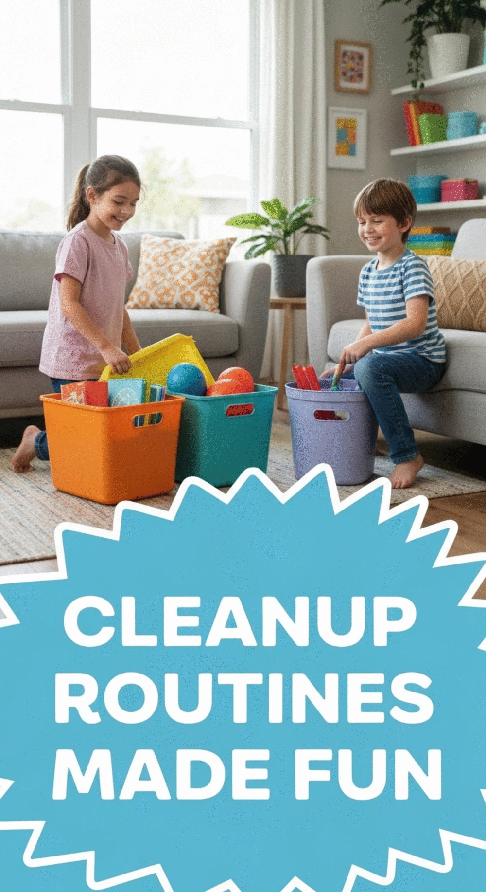 Children learning to tidy up the living room together, creating a habit of responsibility