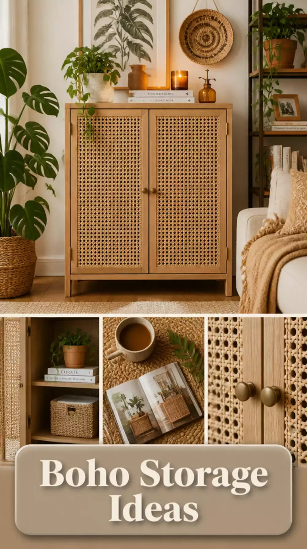 Boho Living Room Cane-Panel Storage Cabinet for Books and Display Items