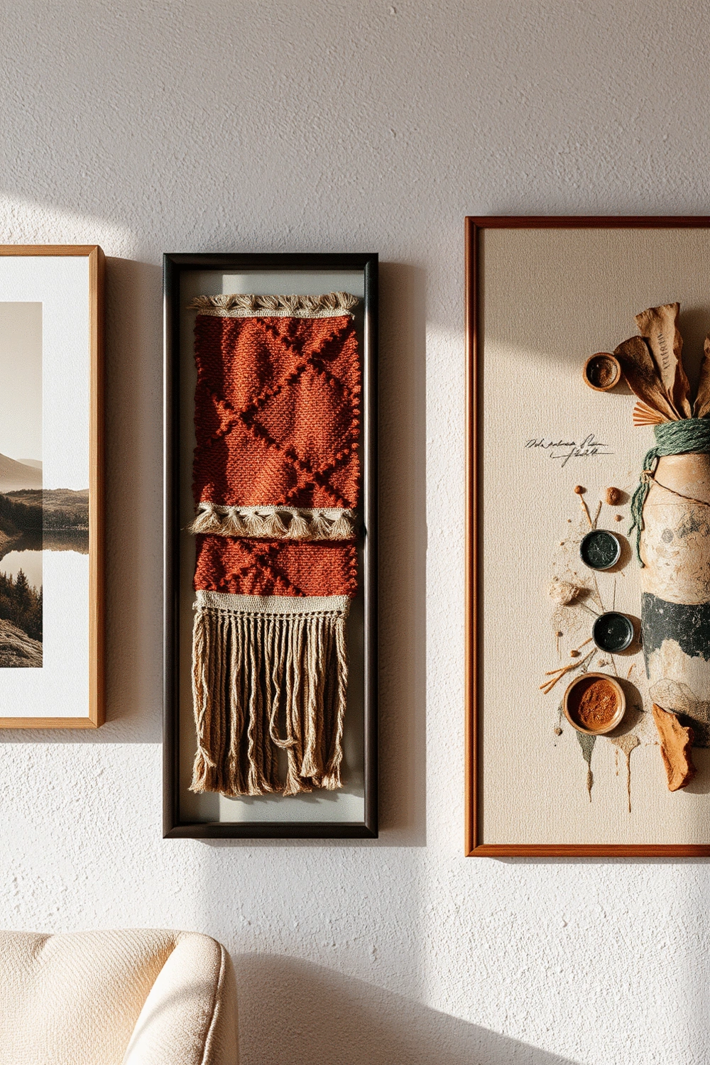 A close-up of a gallery wall featuring various textures like a canvas print, a framed textile art piece, and a mixed-media artwork, all harmoniously arranged to create depth and visual interest.
