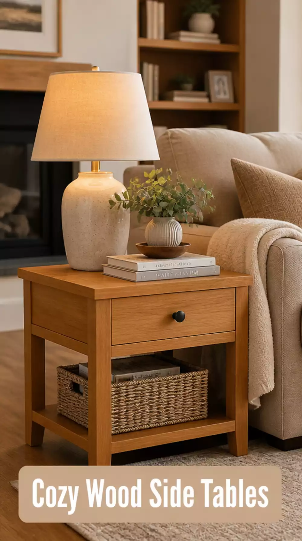 Living Room Wooden Side Table with a Warm Honey Finish