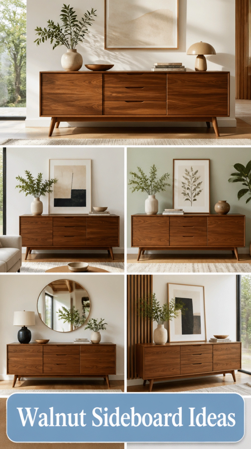 Living Room Walnut Sideboard with Angled Legs for Display Storage
