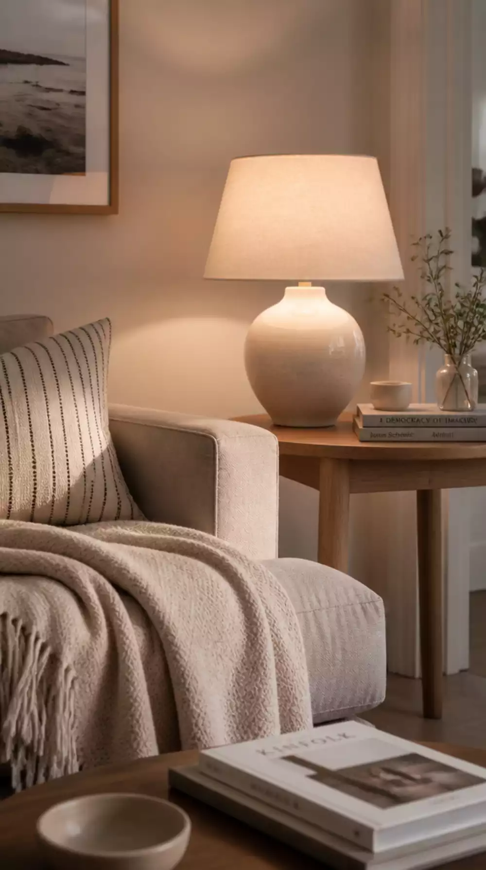 Scandinavian Living Room Warm White Ceramic Table Lamp on a Side Table