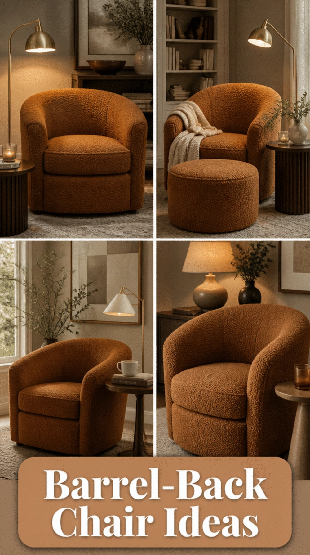 Barrel-Back Living Room Accent Chair in Warm Cognac Boucle
