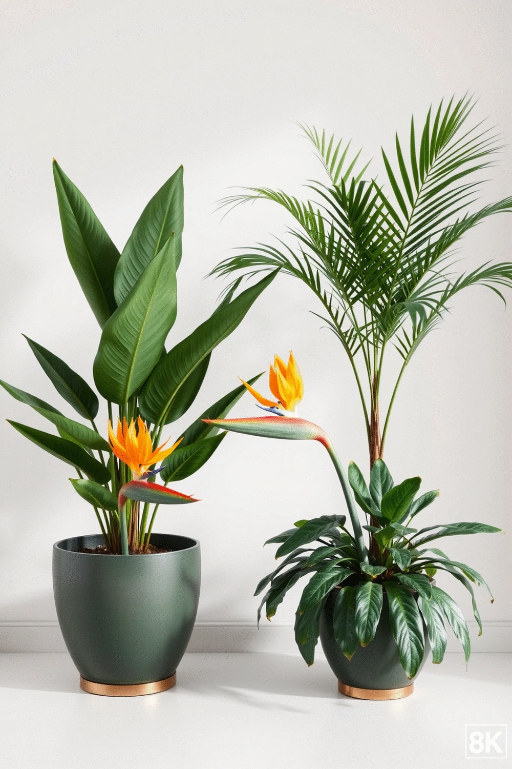 Close-up of a vibrant Bird of Paradise plant and a lush Parlor Palm in elegant planters, set against a clean, minimalist background, no text, no words, no typography, no labels, clean image, no humans, no people, no hands, no body parts