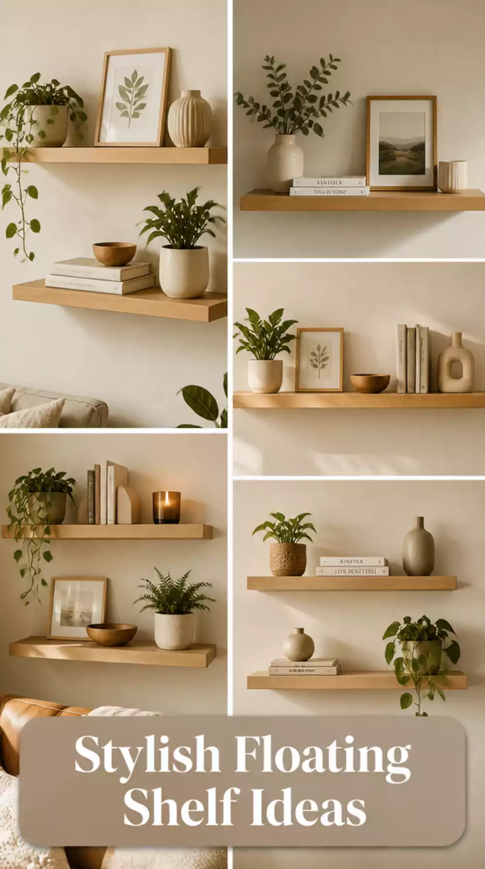 Living Room Pine Wood Floating Shelf with Minimal Curated Styling