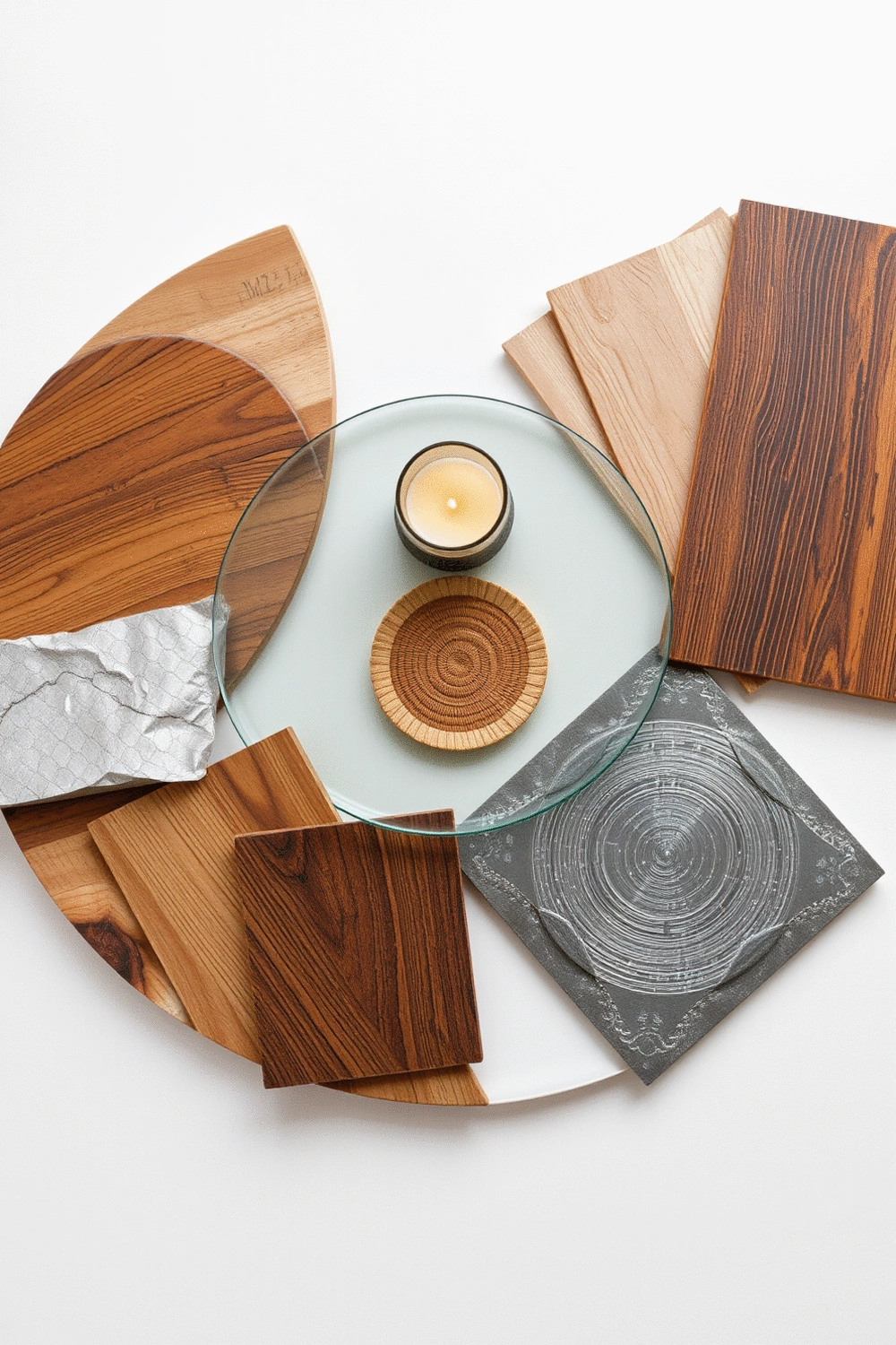 Flat lay of various coffee table materials: wood, glass, and metal swatches, with small decorative elements like a candle and a coaster.