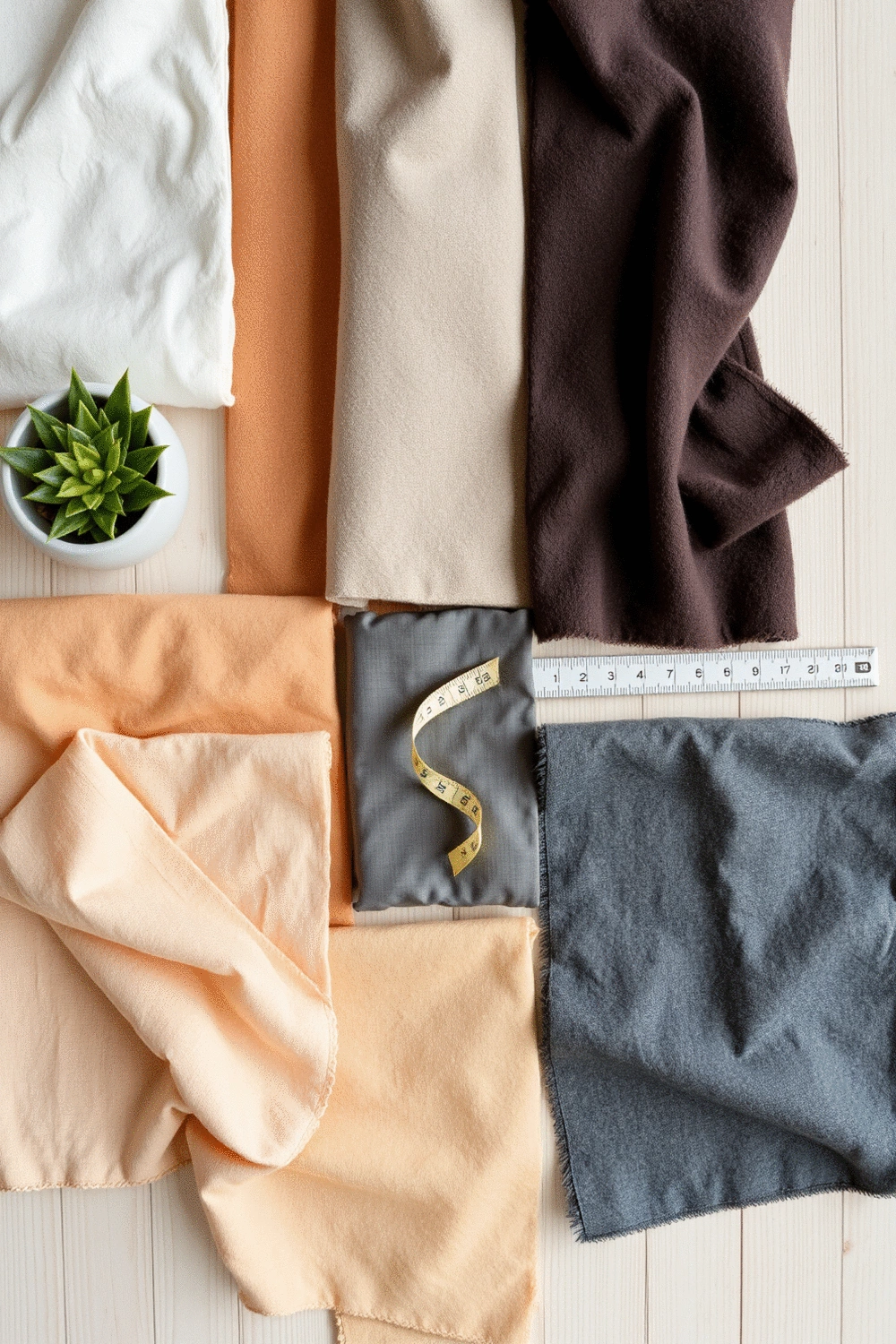 A flat lay of various fabric swatches in different textures and colors (neutrals, warm, cool tones) arranged harmoniously on a light wooden surface, with a small potted plant and a measuring tape.