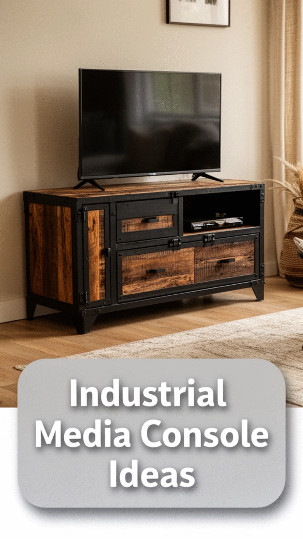 Industrial Living Room Media Console in Black Steel and Reclaimed Wood