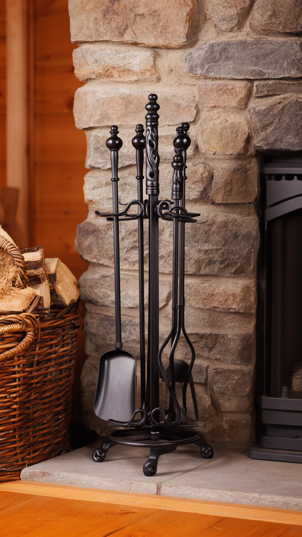 Living Room Wrought Iron Fireplace Tools Set in a Rustic Style