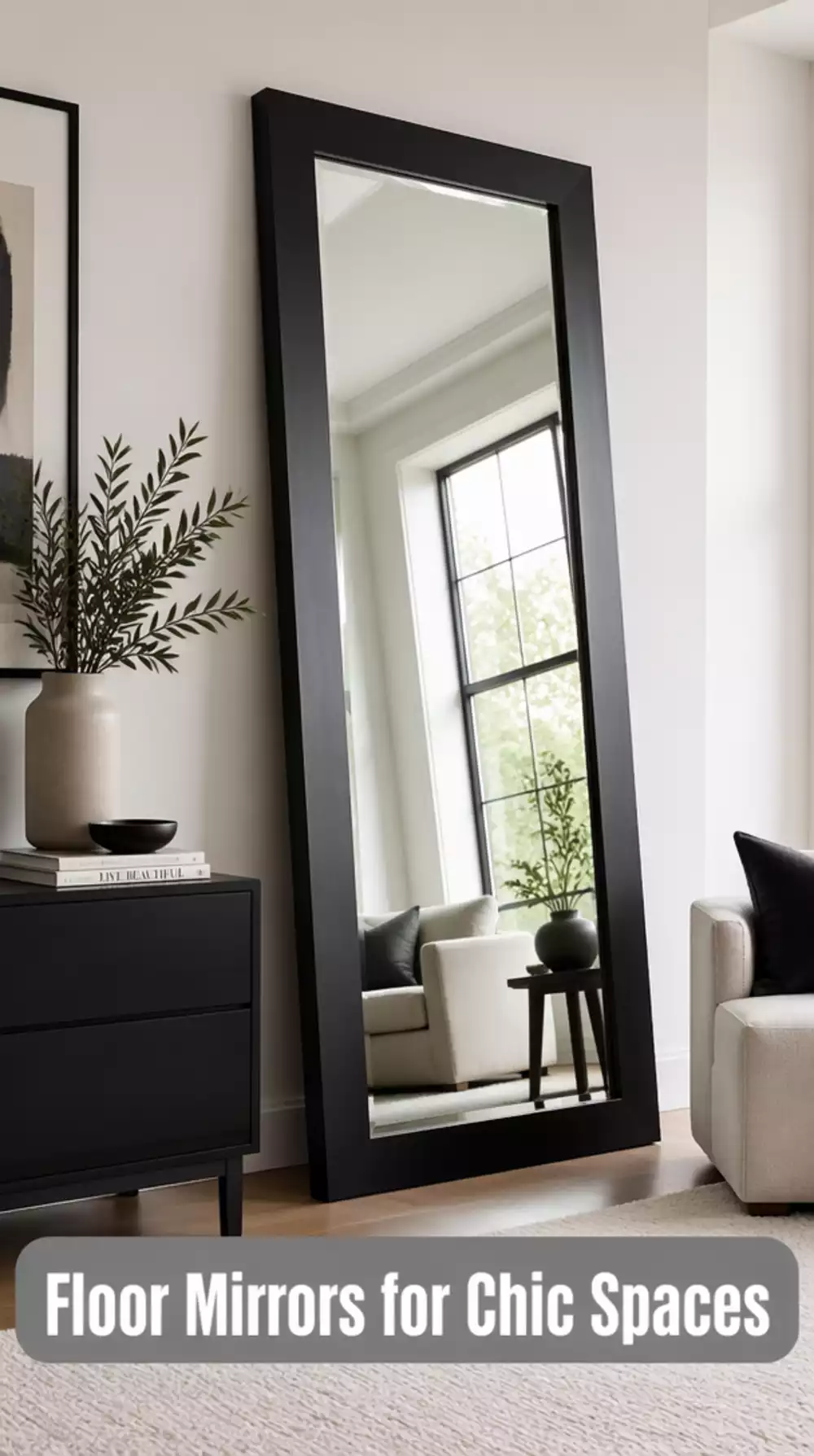 Leaning Living Room Floor Mirror in a Wide Matte Black Frame