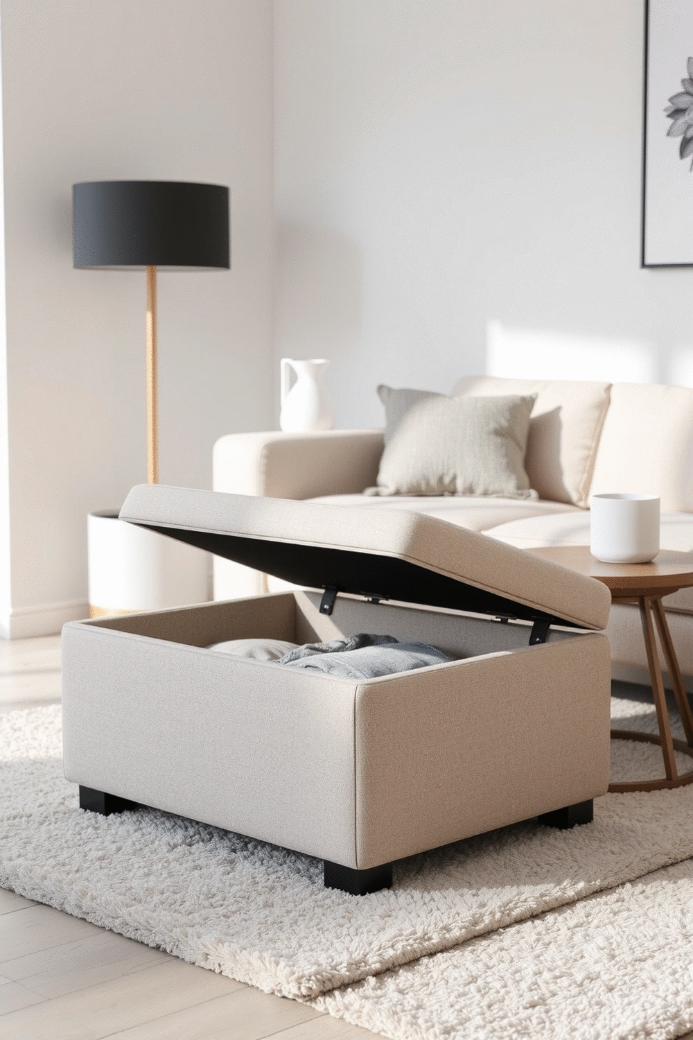 A stylish, multi-functional ottoman in a living room setting, showcasing its use as both a footrest and a storage solution, with soft, inviting textures.