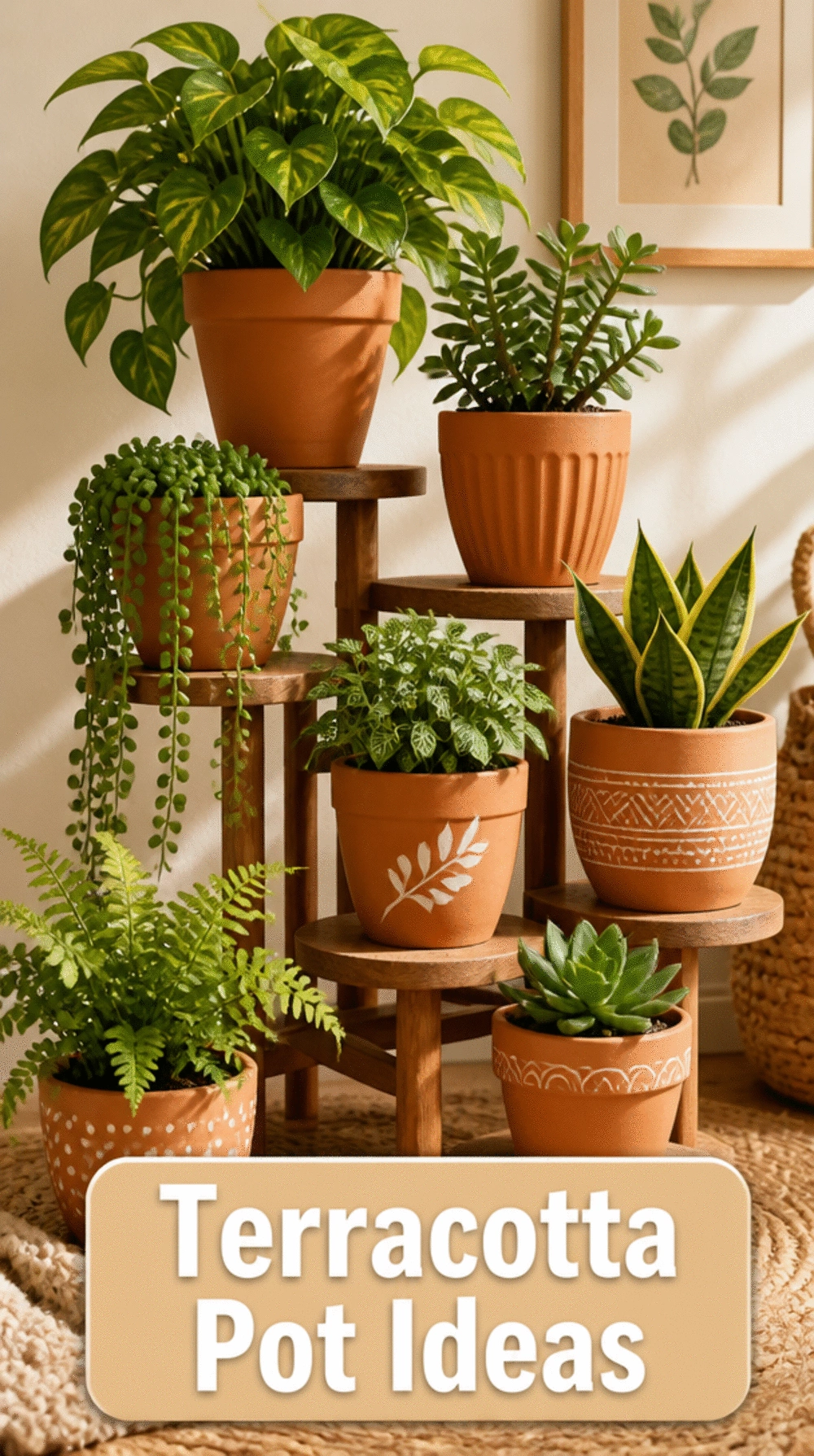 Grouped Living Room Terracotta Pot Cluster on a Wooden Plant Stand