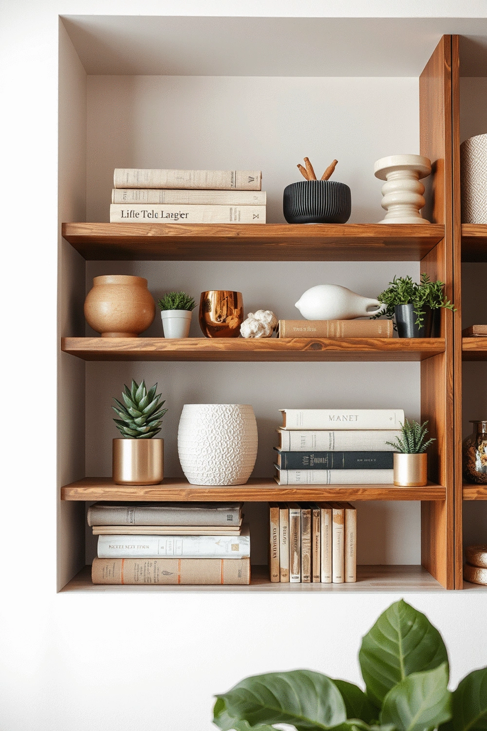 Close-up of a perfectly layered shelf display with varying heights of decorative objects, books, and plants, showcasing different textures like wood, ceramic, and metal, all harmoniously arranged to create visual balance.