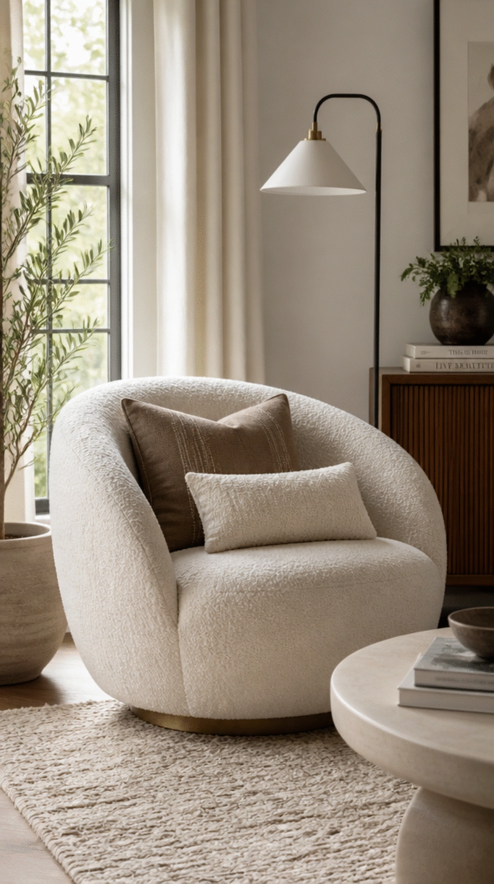 Living Room Boucle Swivel Accent Chair in a Warm Off-White Tone