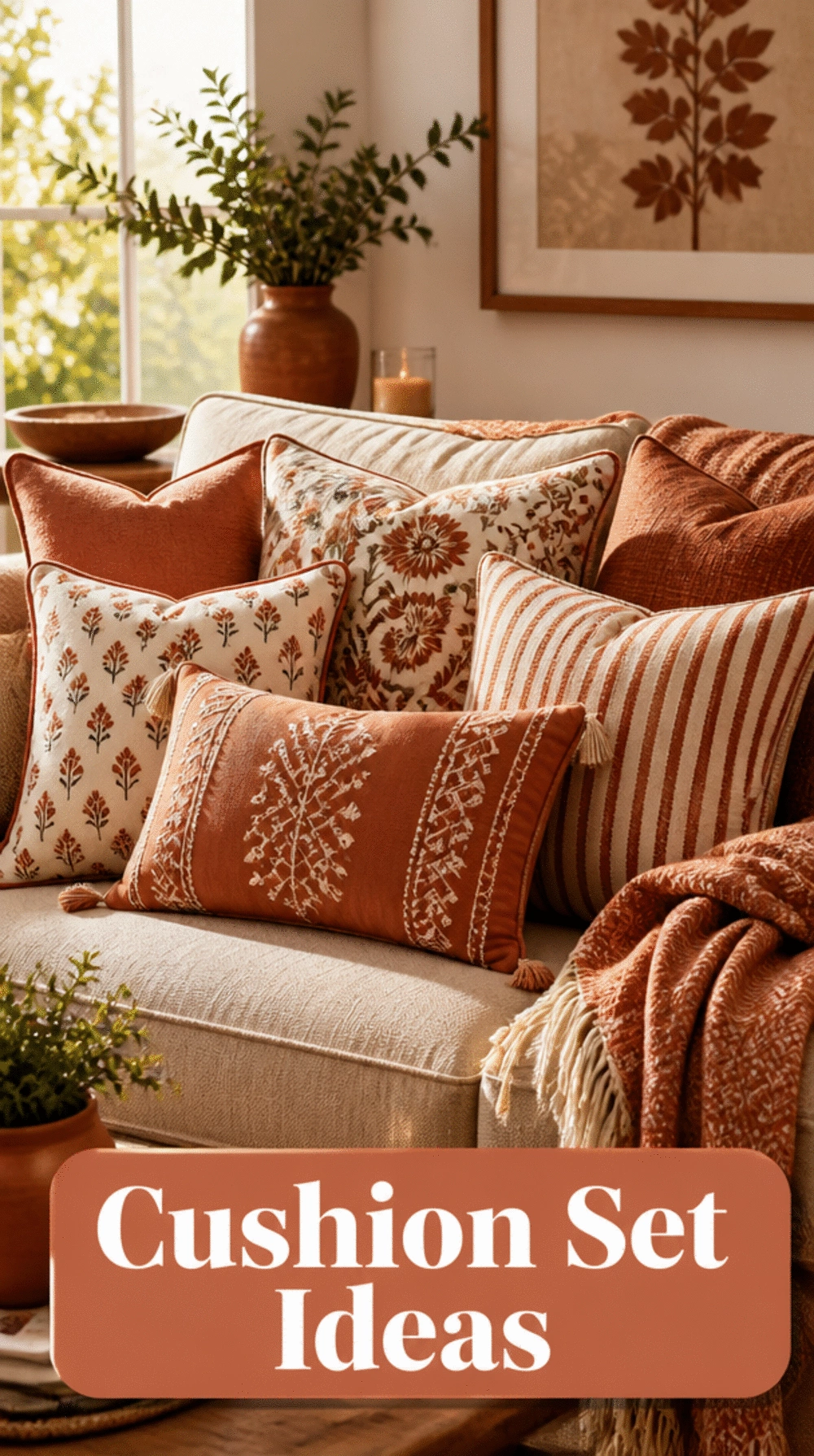 Living Room Mixed-Pattern Cushion Set in Warm Terracotta and Rust Tones