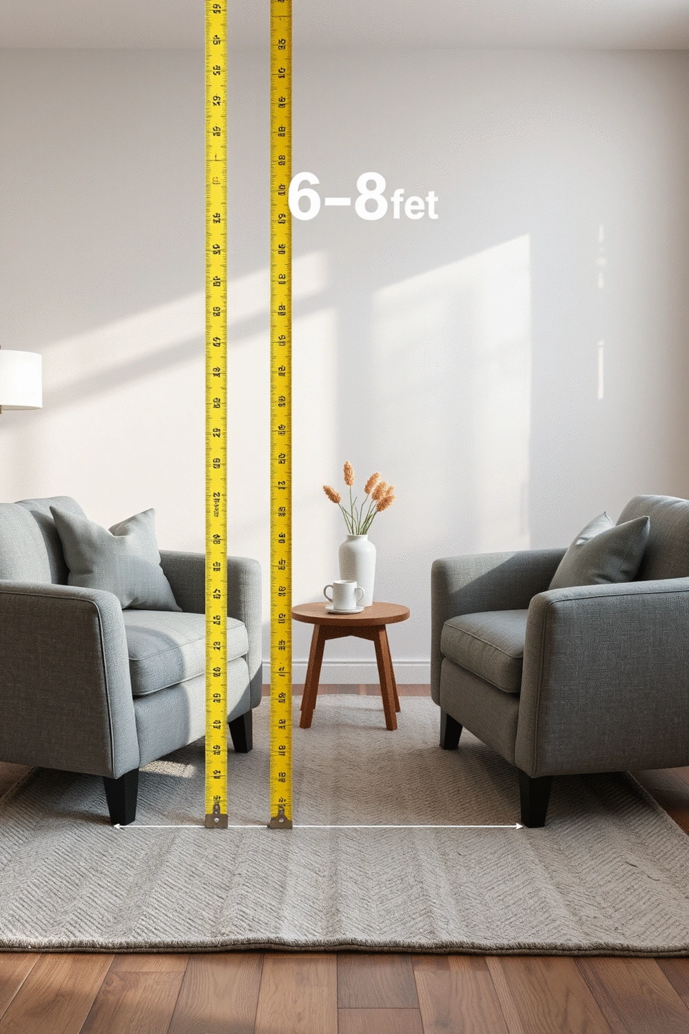 Measuring tape showing 6-8 feet distance between two comfortable armchairs in a living room, with a soft rug and side table, no text, no words, no typography, no labels, clean image, no humans, no people, no hands, no body parts