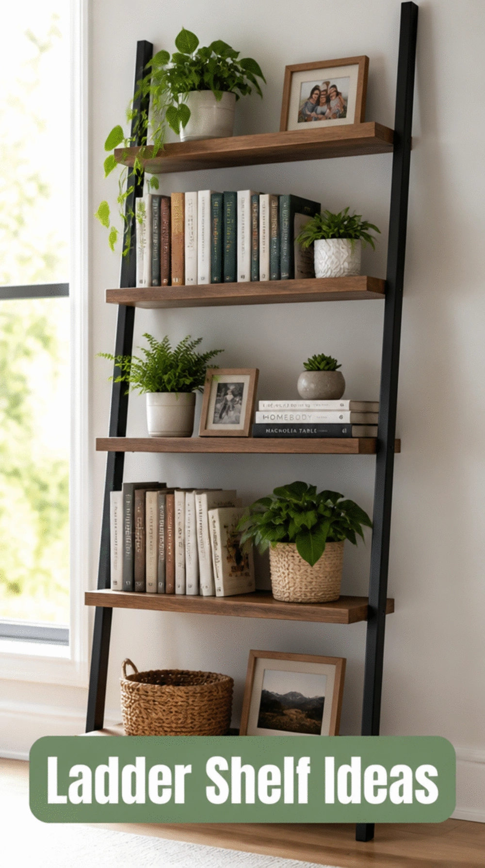 Living Room Ladder Shelf That Leans Against a Wall Without Any Drilling