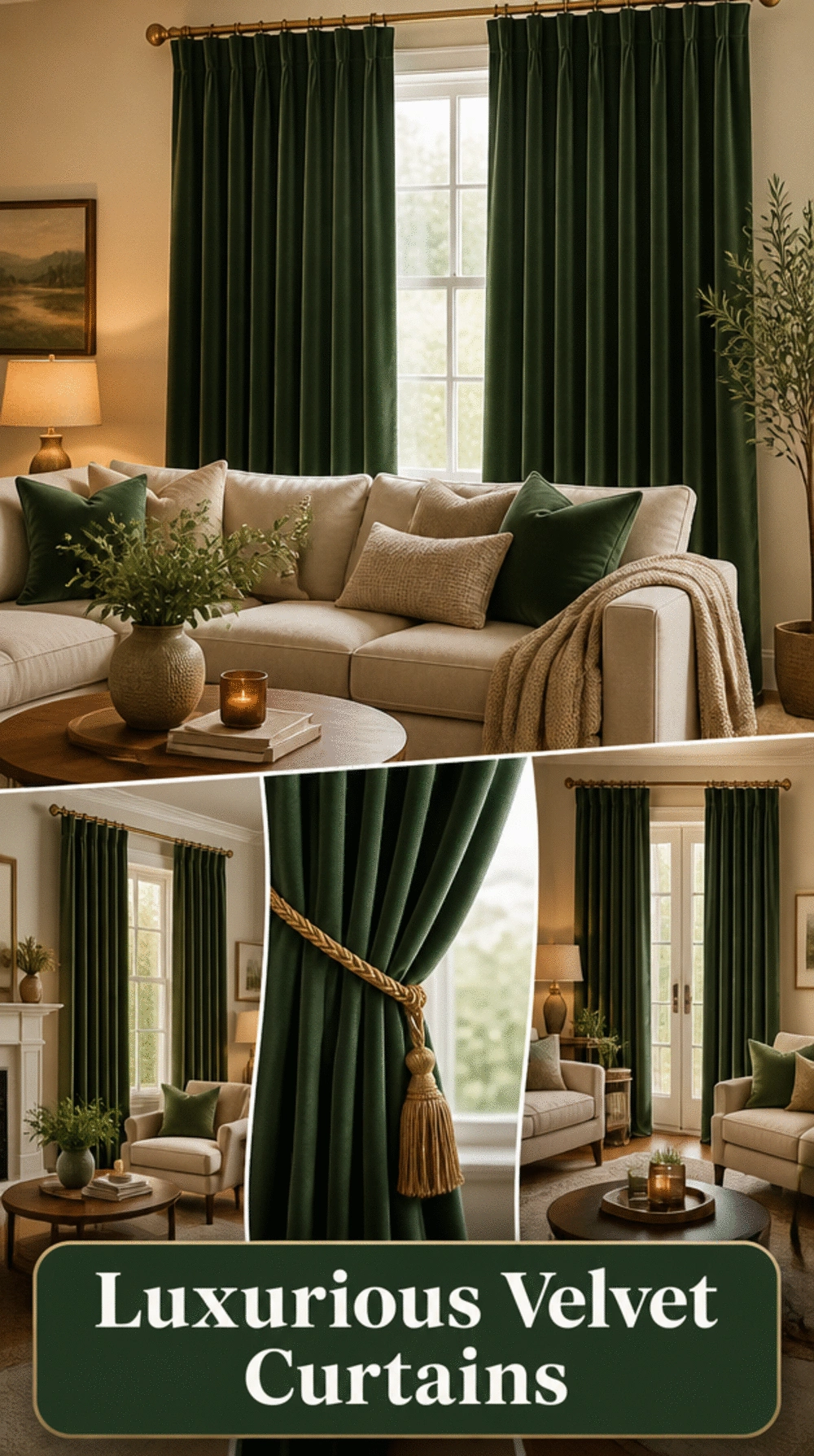 Living Room Velvet Curtains in Deep Sage Green for a Luxurious Frame