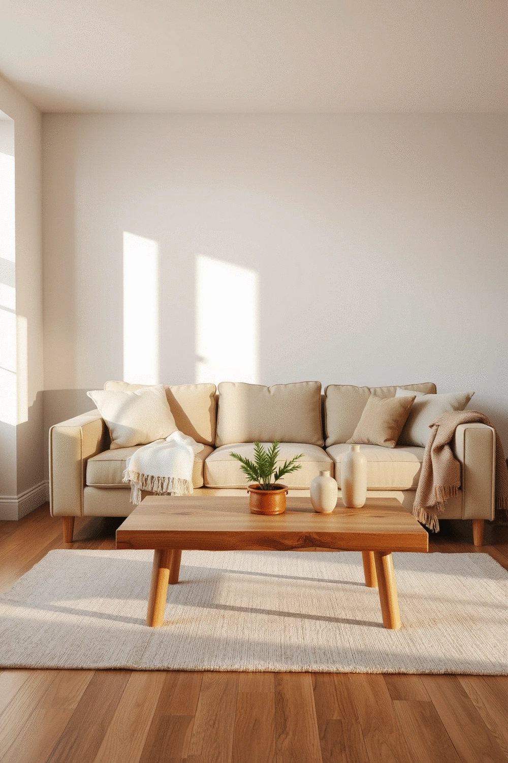 A minimalist living room with warm lighting, a plush sofa, and a natural wood coffee table, creating a sense of calm and comfort.