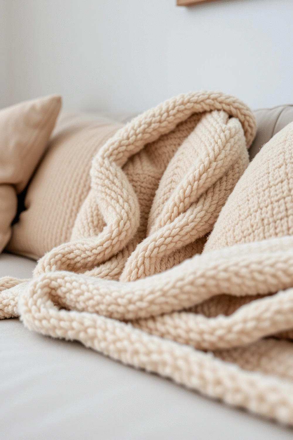 Close-up of soft textiles like plush throws and cushions on a comfortable sofa, showcasing texture and warmth.