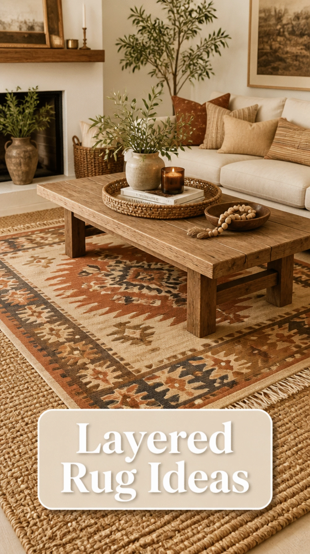 Boho Living Room Layered Kilim Rug over a Neutral Jute Base Rug
