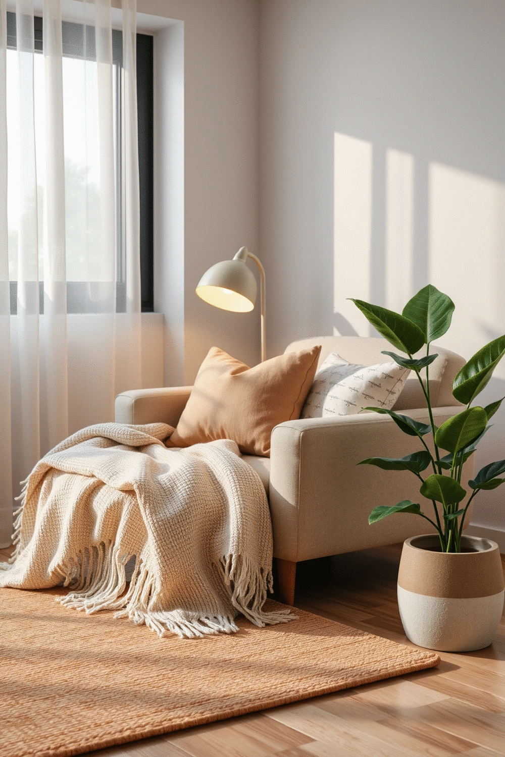Cozy living room with layered textiles, soft lighting, and natural plants