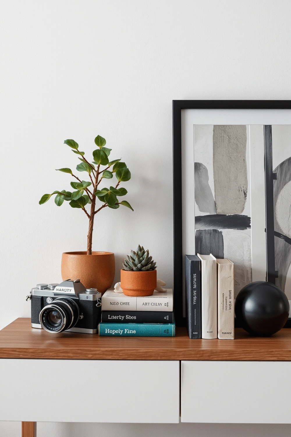 A beautifully styled living room shelf with a curated collection of personal items: a vintage camera, a small succulent plant in a unique pot, a stack of art books, and a framed abstract painting, all arranged to tell a story.