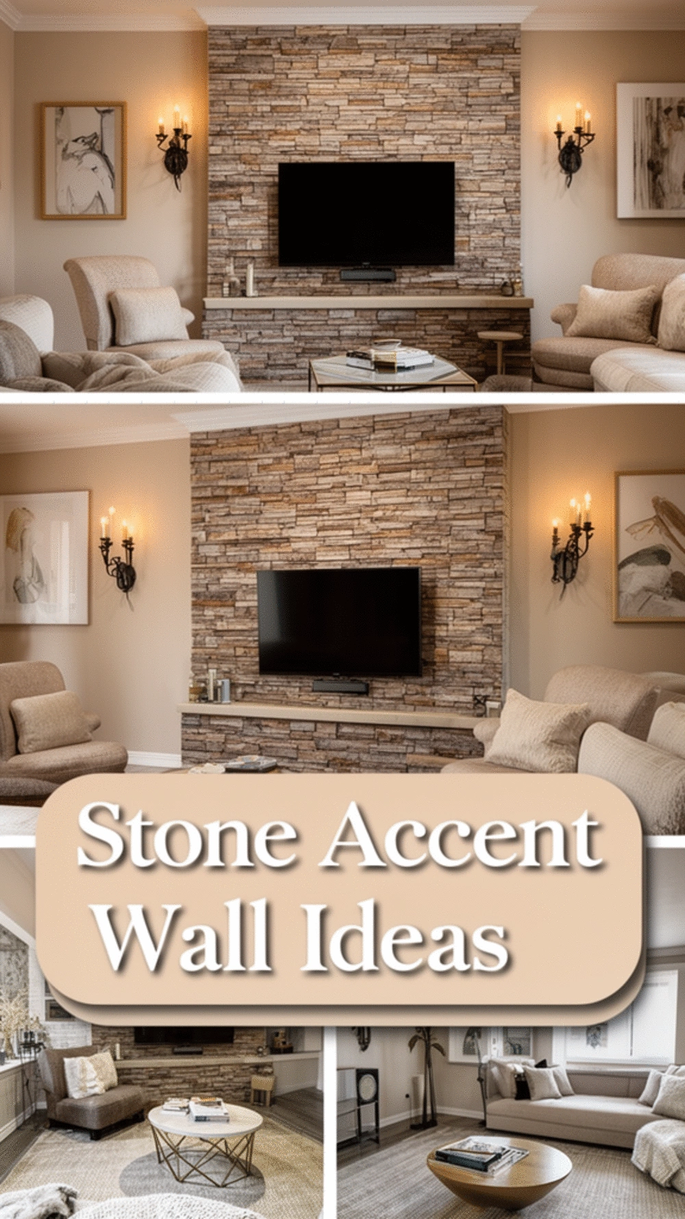 Stone-Effect Living Room Accent Wall Around a Flat-Screen TV