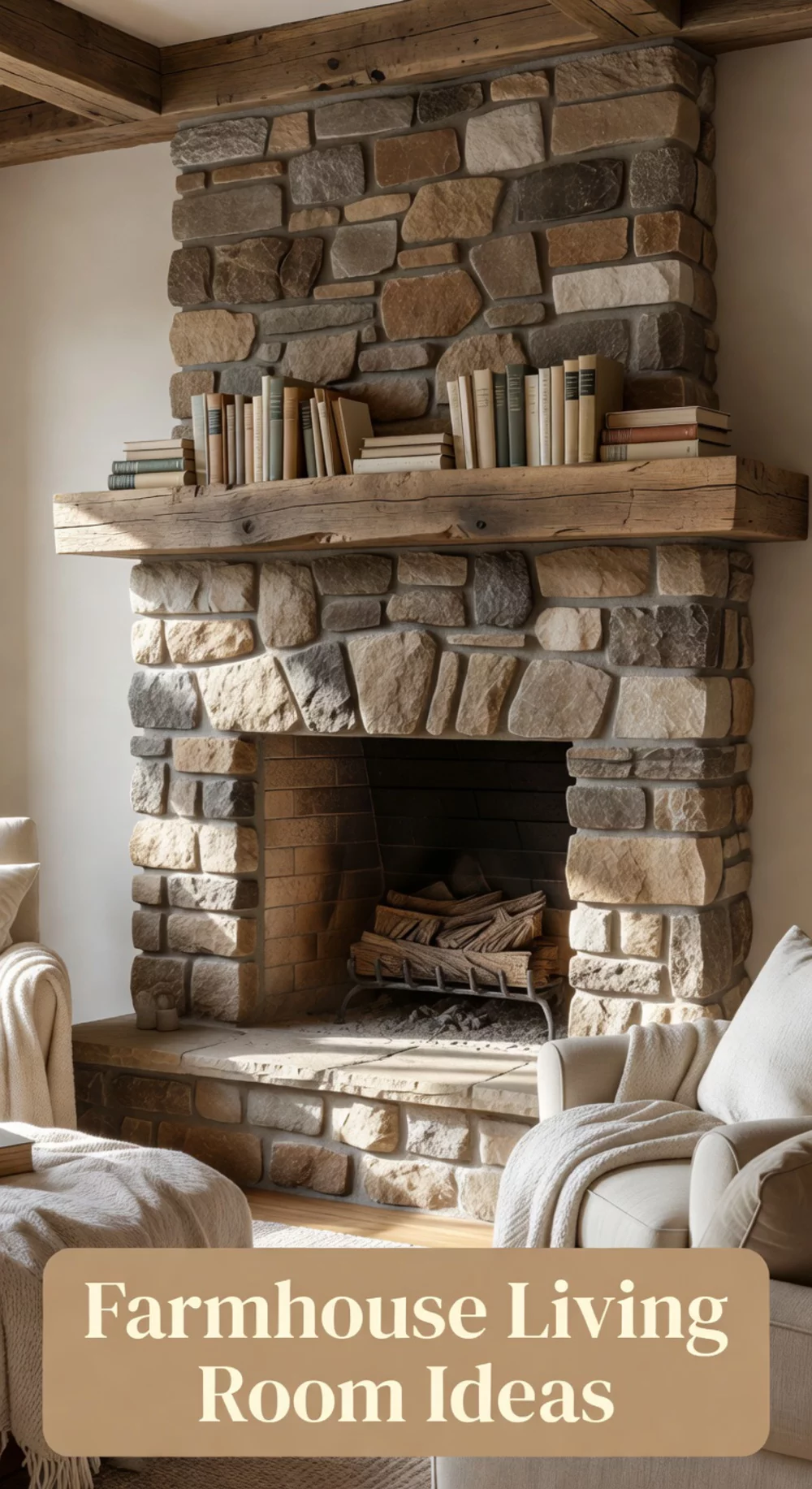 Farmhouse Living Room Stacked Stone Fireplace with a Wooden Mantel