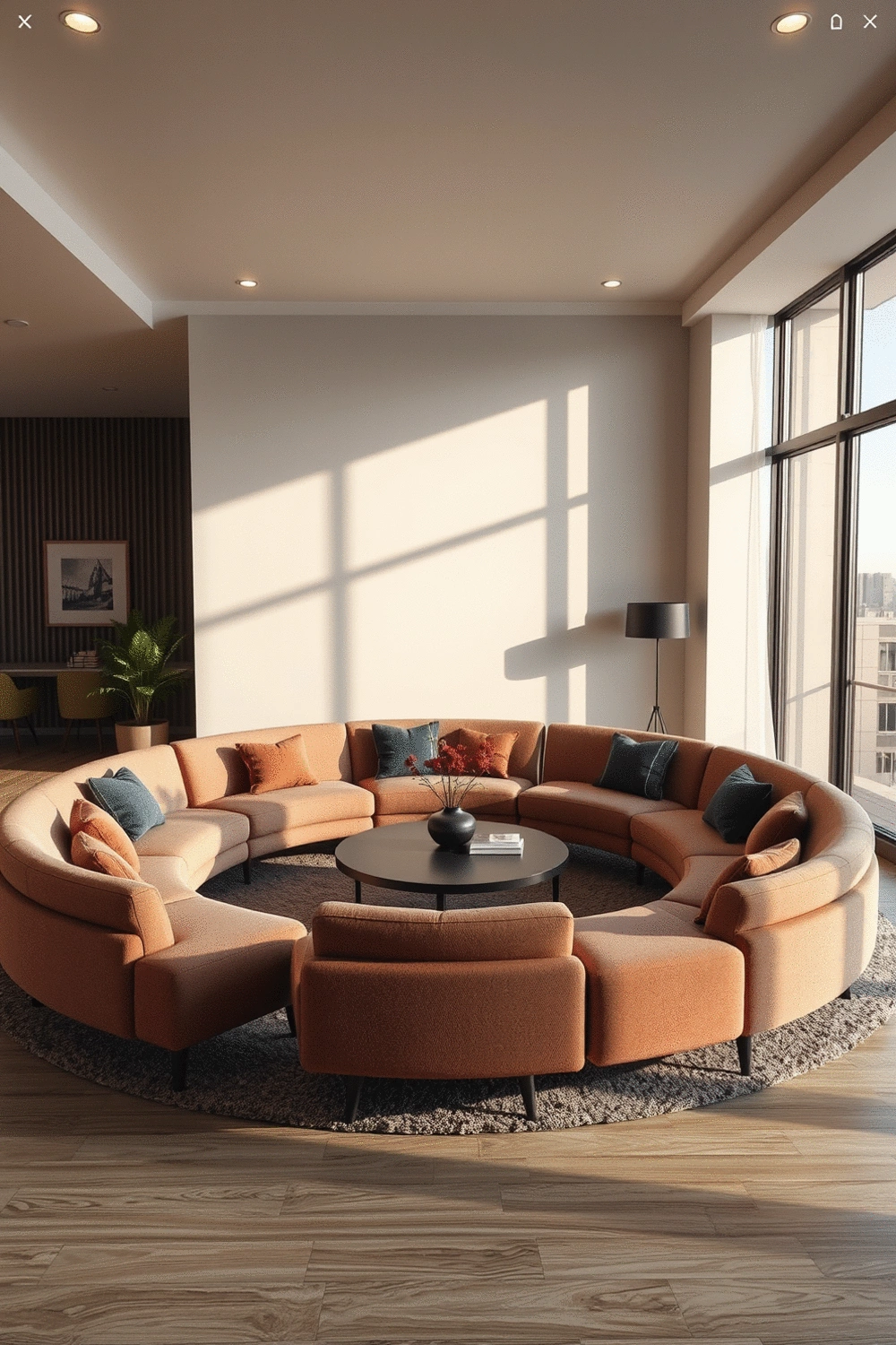 Modern living room with a circular seating arrangement around a coffee table, soft lighting, and warm tones, no text, no words, no typography, no labels, clean image, no humans, no people, no hands, no body parts