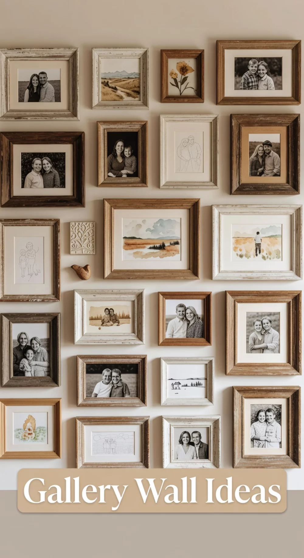 Living Room Distressed Wood Picture Frame Gallery Wall in a Farmhouse Style
