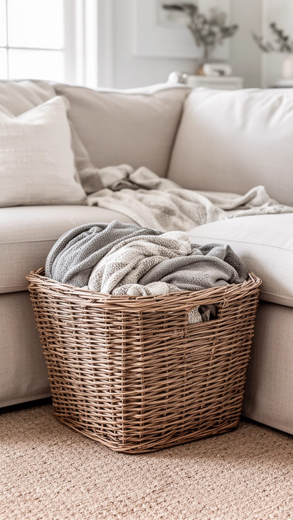 Living Room Wicker Storage Basket That Hides Throws and Remote Controls