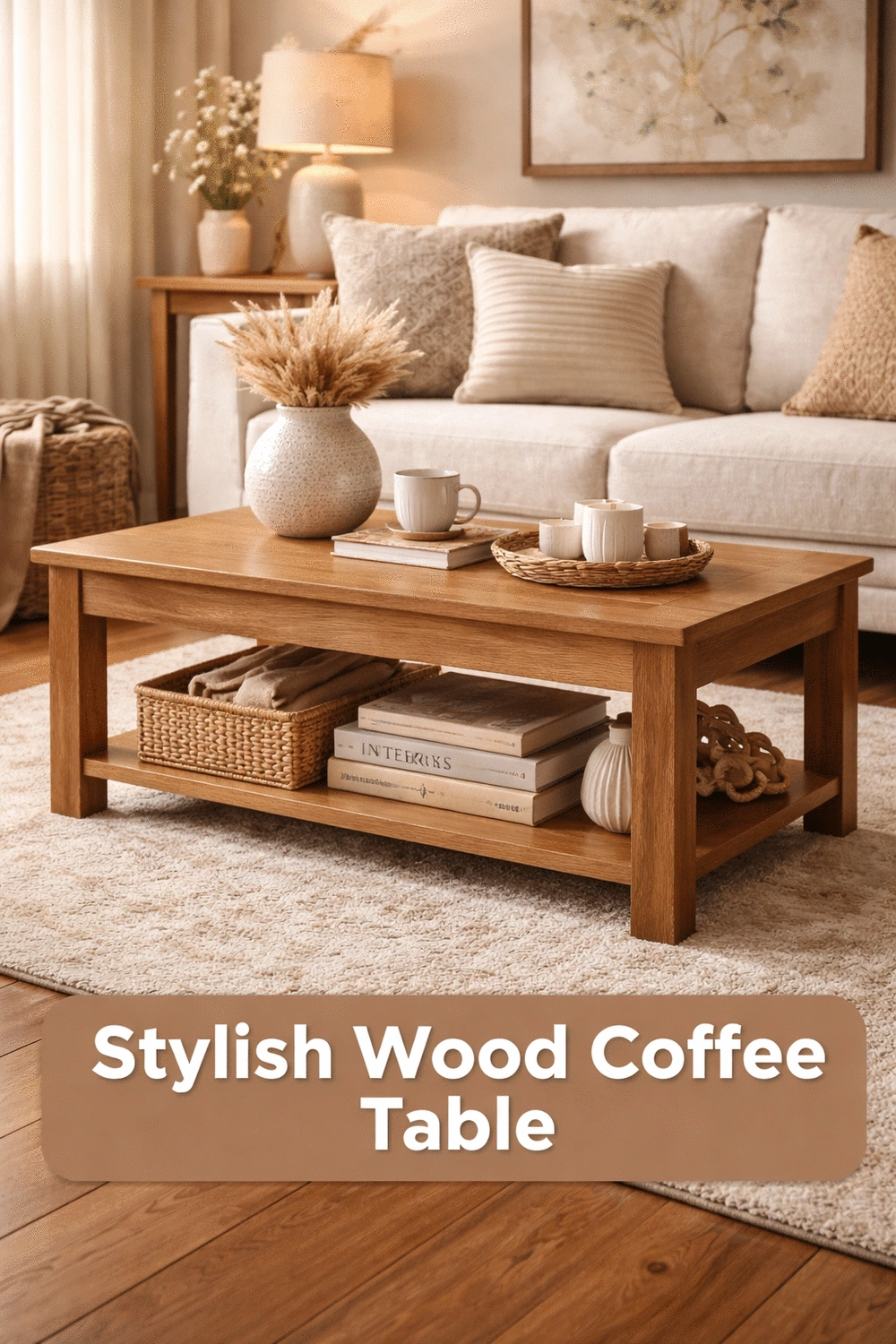 Solid Wood Living Room Coffee Table with an Open Lower Display Shelf