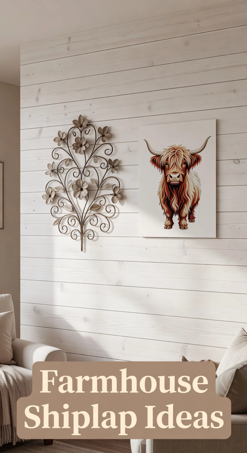 Farmhouse Living Room Shiplap Accent Wall Painted in Warm White