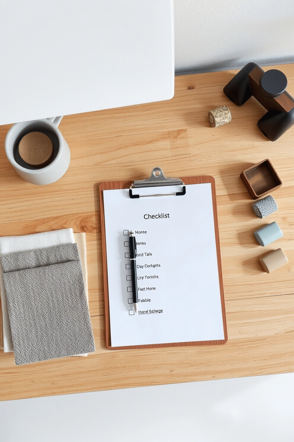 A flat lay of a checklist on a clipboard with a pen, next to swatches of fabric and small furniture models.