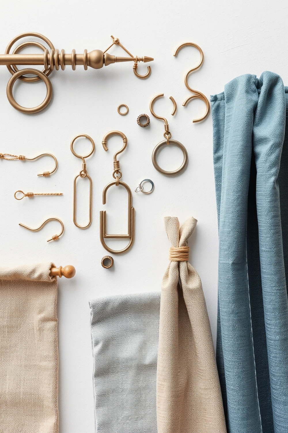 Flat lay of curtain accessories like hooks, rings, and tie-backs next to fabric samples on a clean surface.