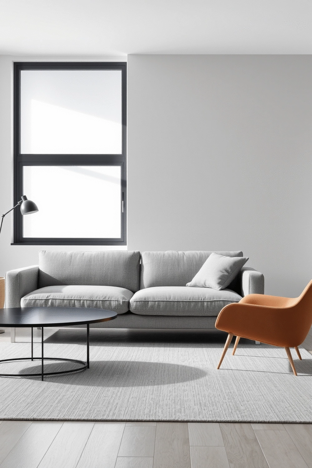 A minimalistic living room with a sleek, modern sofa and a comfortable accent chair, showcasing various seating options.