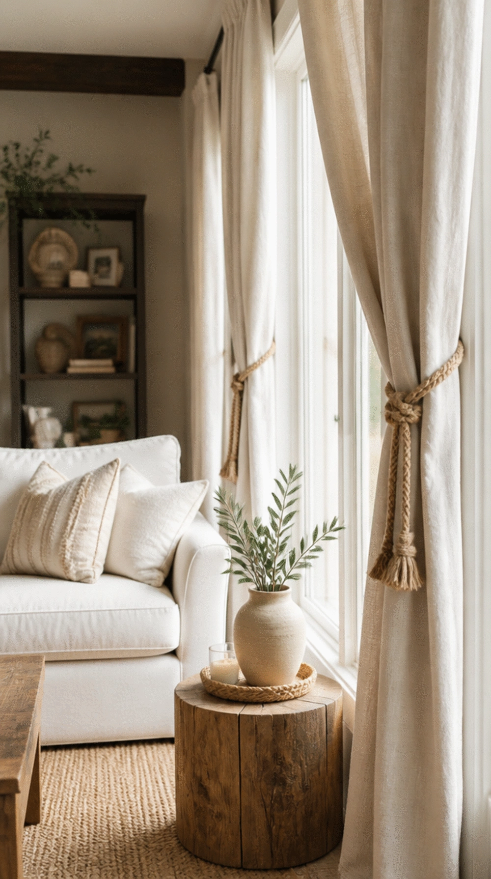 Neutral Living Room Curtain Tieback in Natural Jute Rope