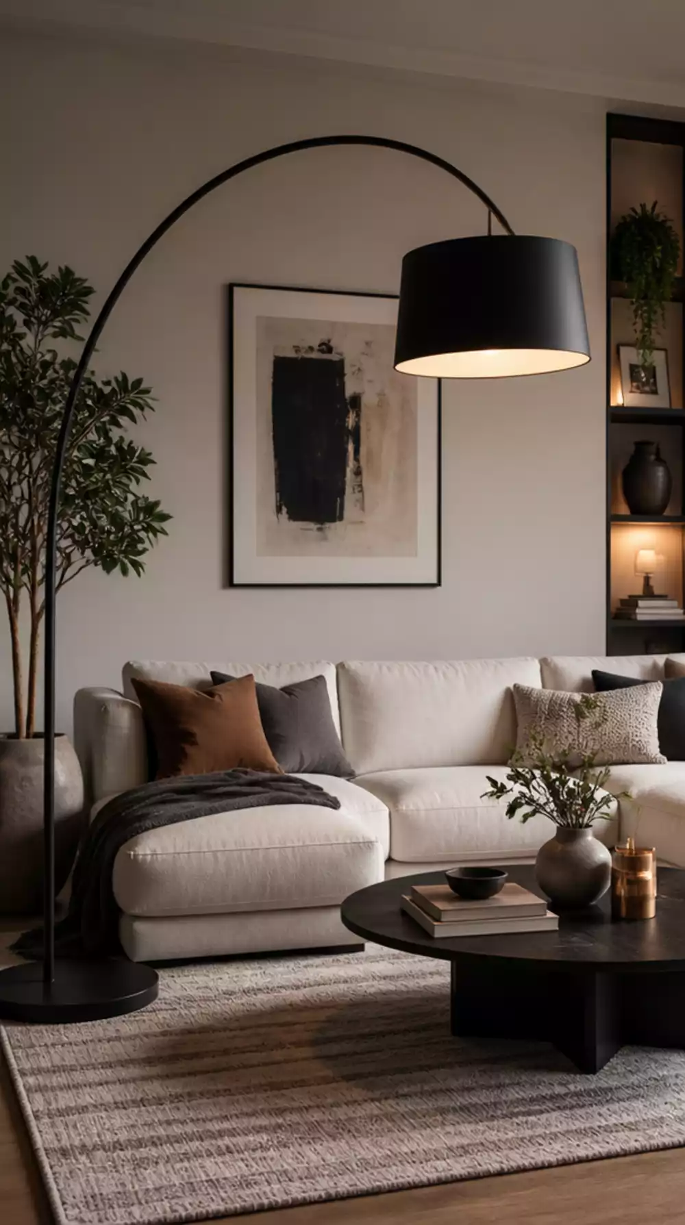 Living Room Oversized Arc Floor Lamp in Matte Black over a Sofa