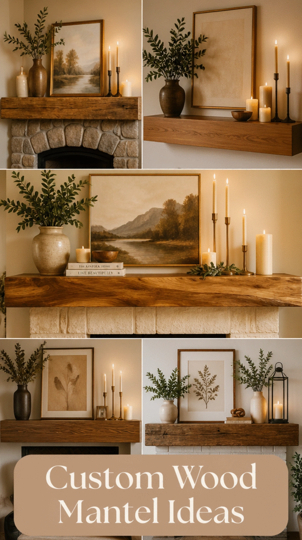 Luxury Living Room Custom Wood Mantel with Curated Art and Candles