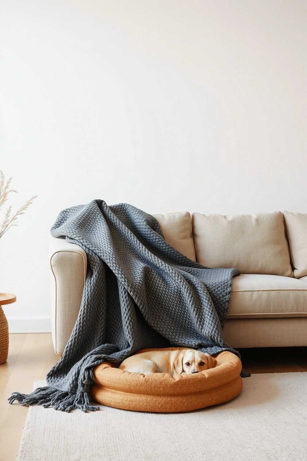 A pet-friendly minimalist living room with a stylish yet durable woven blanket on a sofa, and a cozy pet bed subtly integrated into the decor, with soft, warm lighting.
